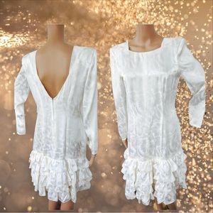 80s Ivory Satin Dress Ruffle AS IS Costume Use S